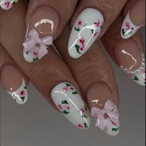 Floral Nail Art with Pink Bows